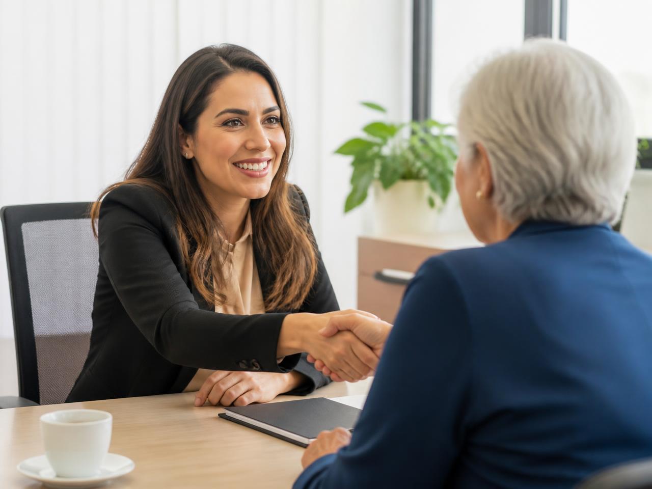 Consultora da GranaPraMim cumprimentando uma cliente no atendimento presencial