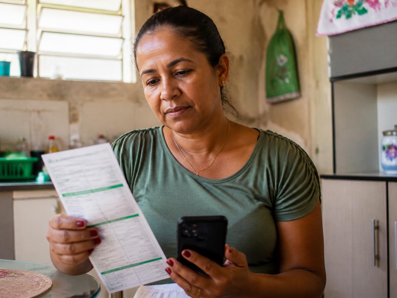 Mulher em casa conferindo a conta de luz com o celular na mão