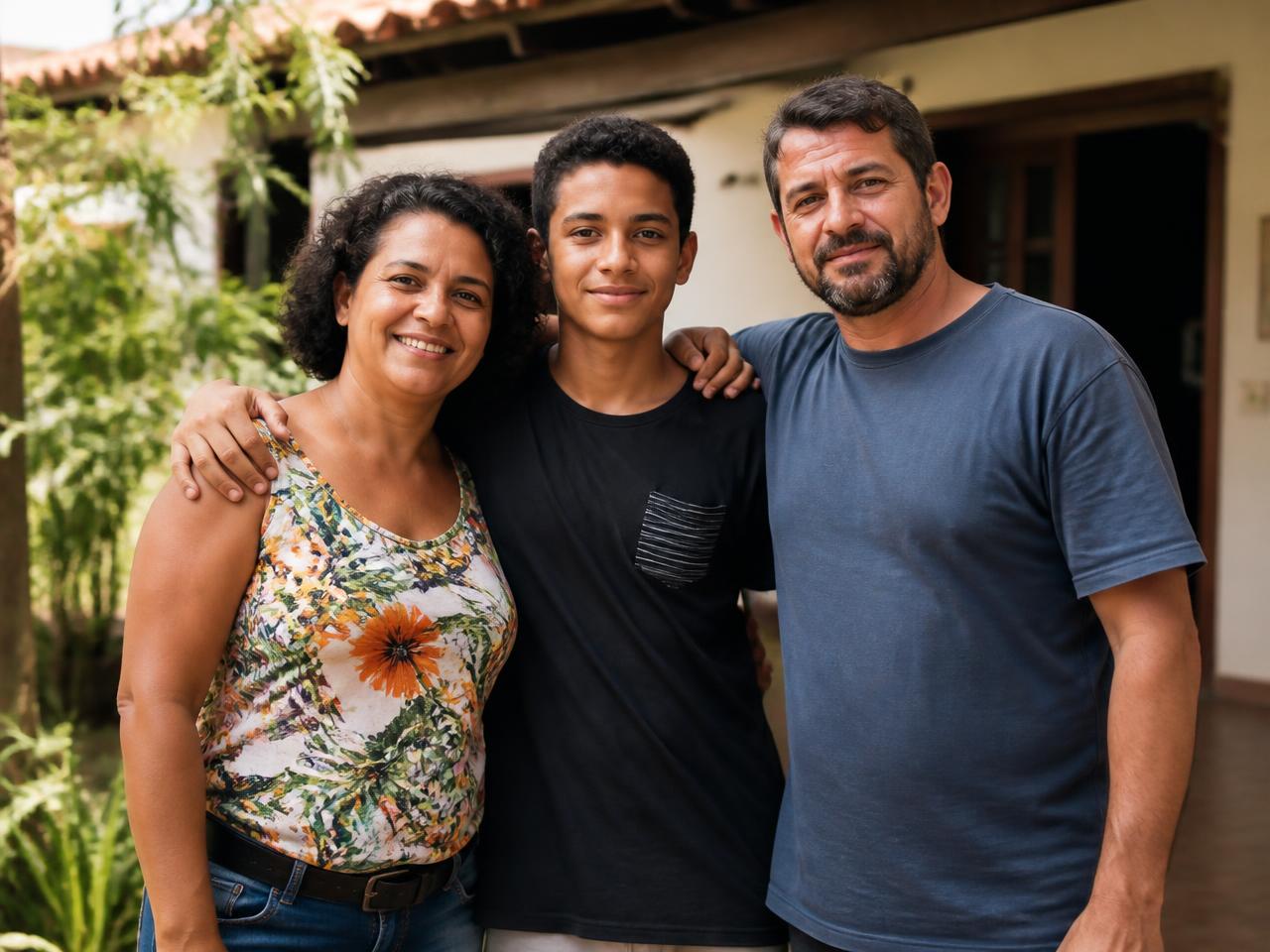 Família reunida em frente à própria casa